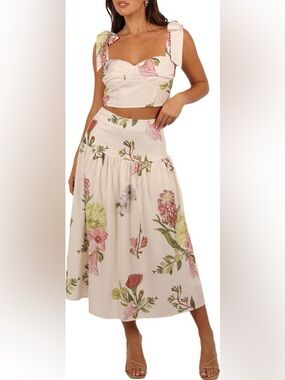 Pedal & Pup Kara Crop Top & Skirt Set Floral Cream Pink & Green Flowers Size L